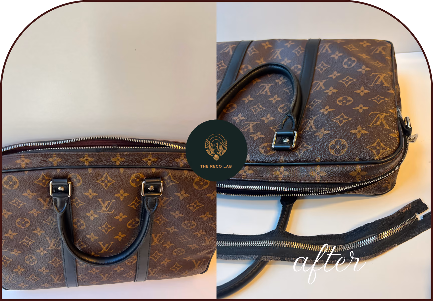 Louis Vuitton monogram travel bag with a fully replaced zipper, next to the old detached zipper removed by The Reco Lab