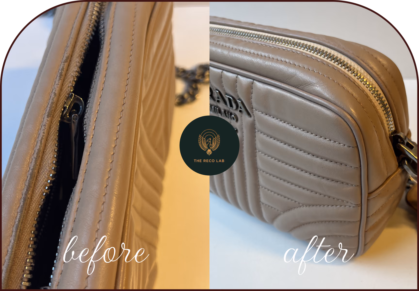 Close-up of a taupe Prada leather bag's zipper, before and after zipper replacement by The Reco Lab