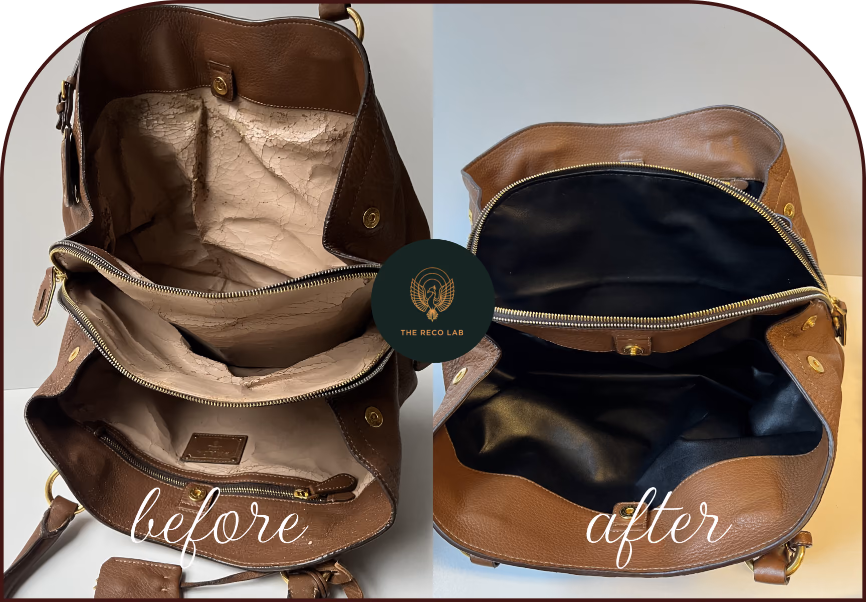 Louis Vuitton bag interior with cracked, peeling lining, before and after lining replacement by The Reco Lab
