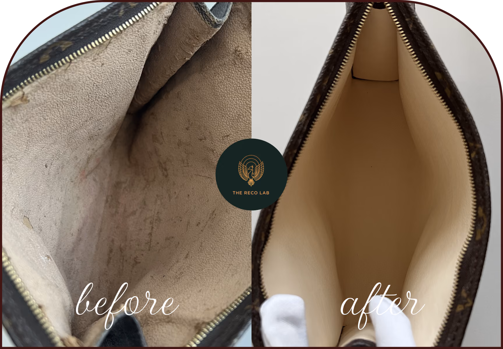 Interior of a Louis Vuitton bag with a stained, worn lining, before and after lining replacement by The Reco Lab