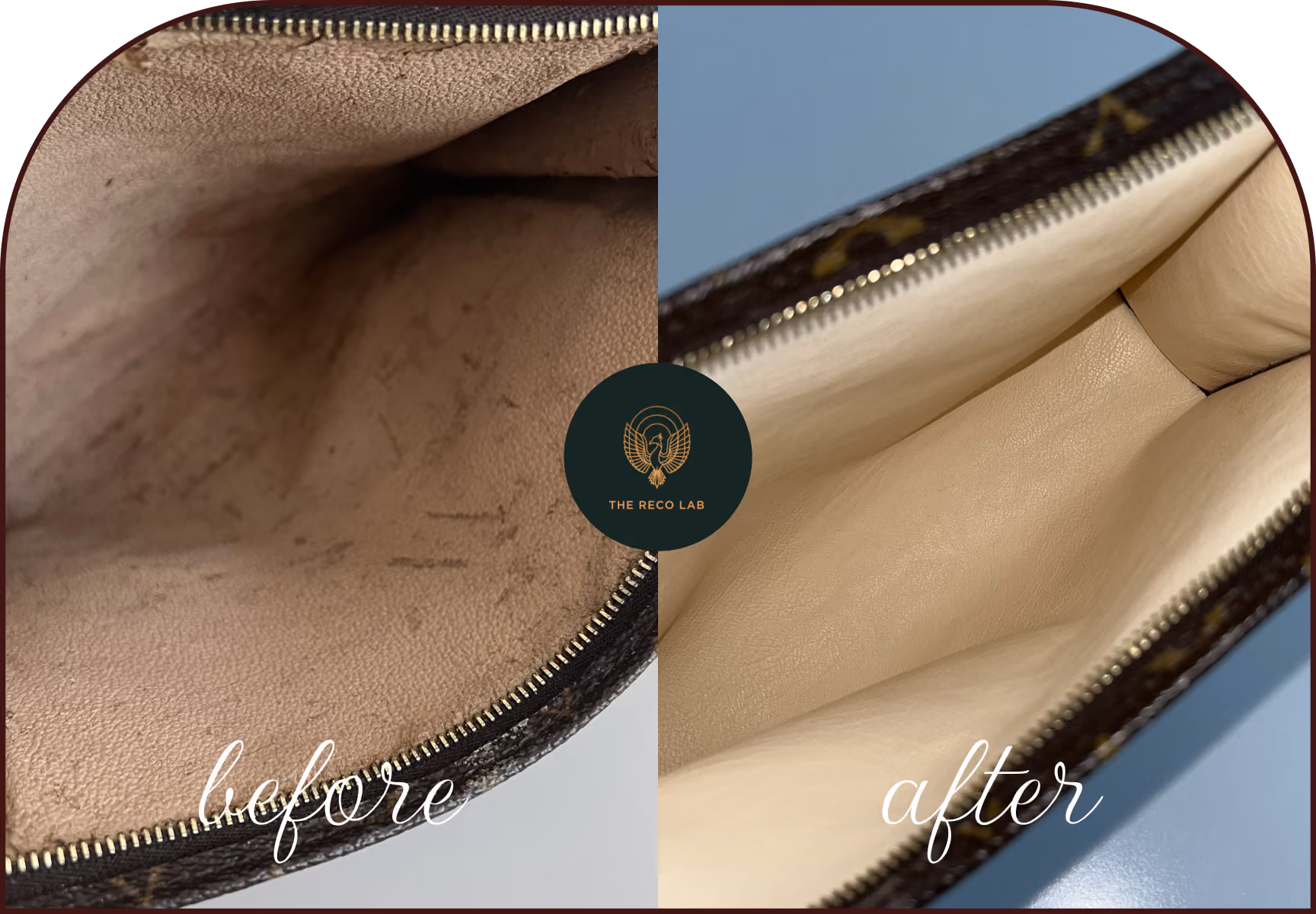 Close-up of a Louis Vuitton bag's stained interior lining, before and after replacement with new lining by The Reco Lab