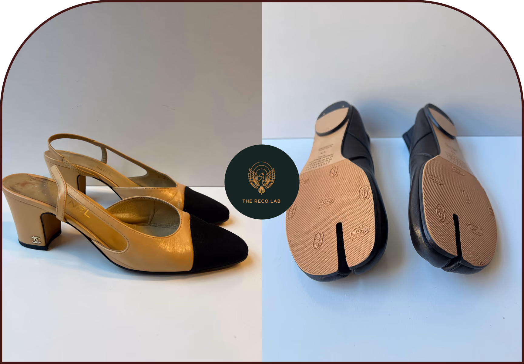 Tan and black Chanel slingback heels shown from the side and sole view, part of The Reco Lab's shoe repair range