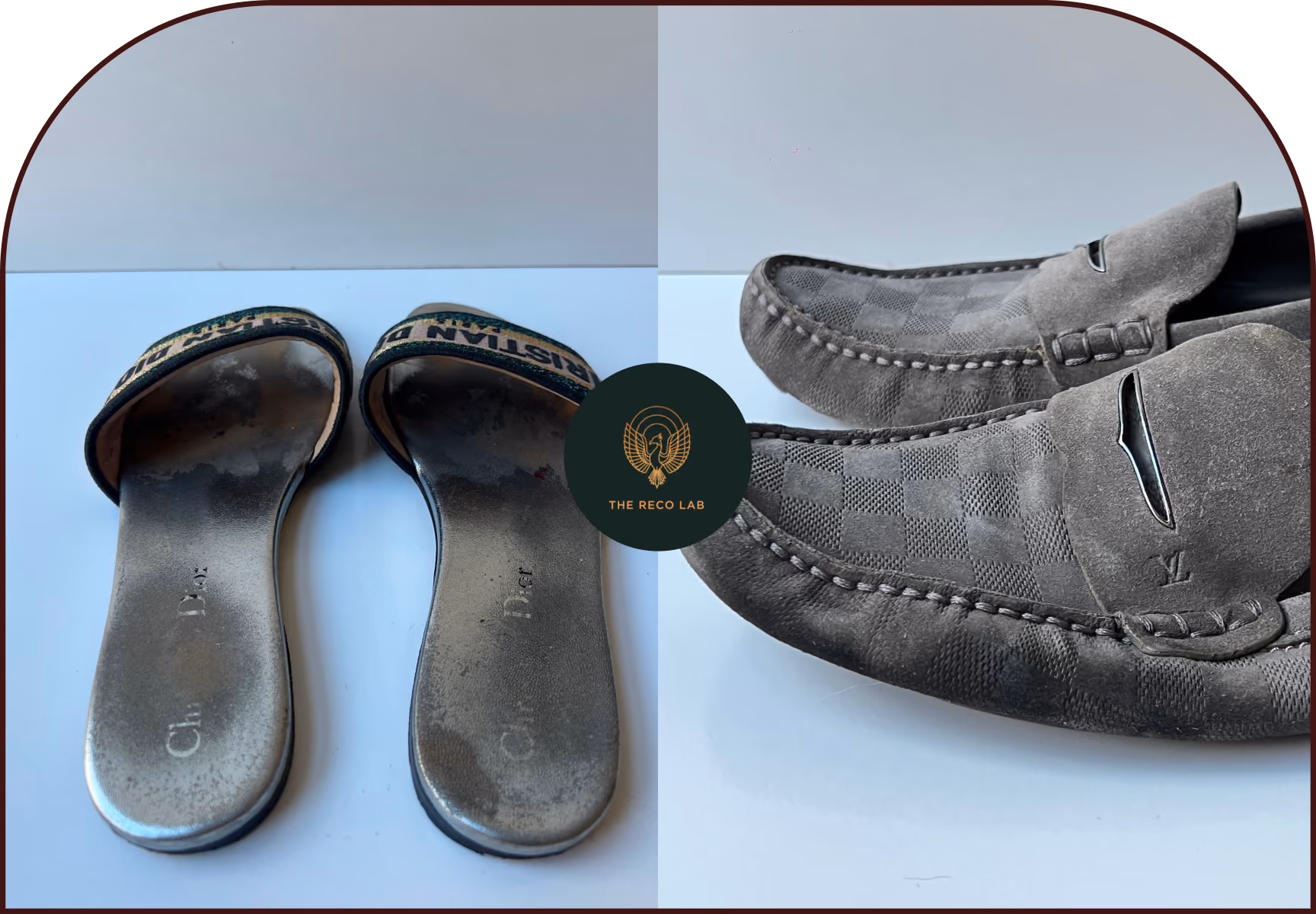Dior slide sandals with worn insoles next to grey checkered Louis Vuitton suede loafers, awaiting repair at The Reco Lab