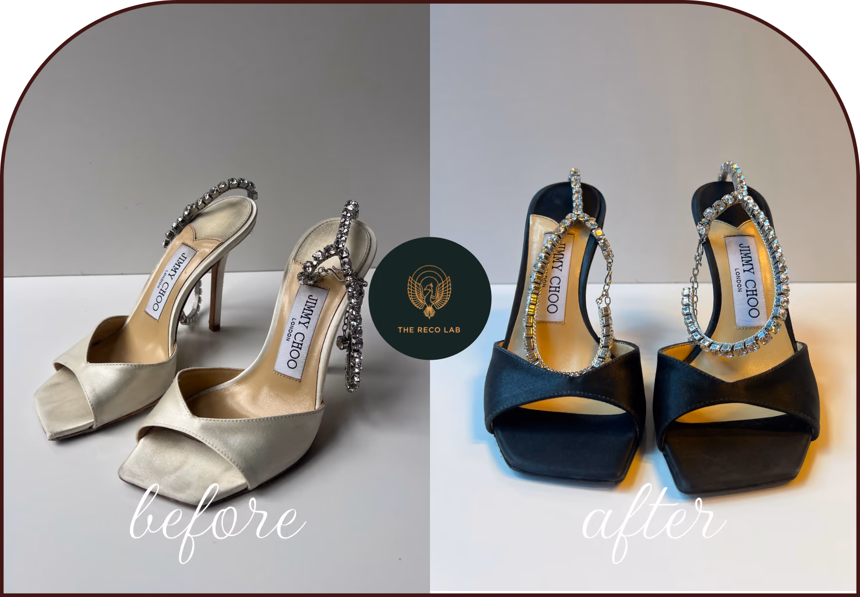 Ivory Jimmy Choo satin heels with crystal ankle straps, before and after recolouring to black by The Reco Lab