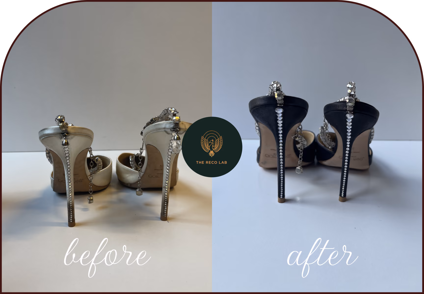 Close-up of Jimmy Choo satin heels from behind, before and after recolouring to black by The Reco Lab