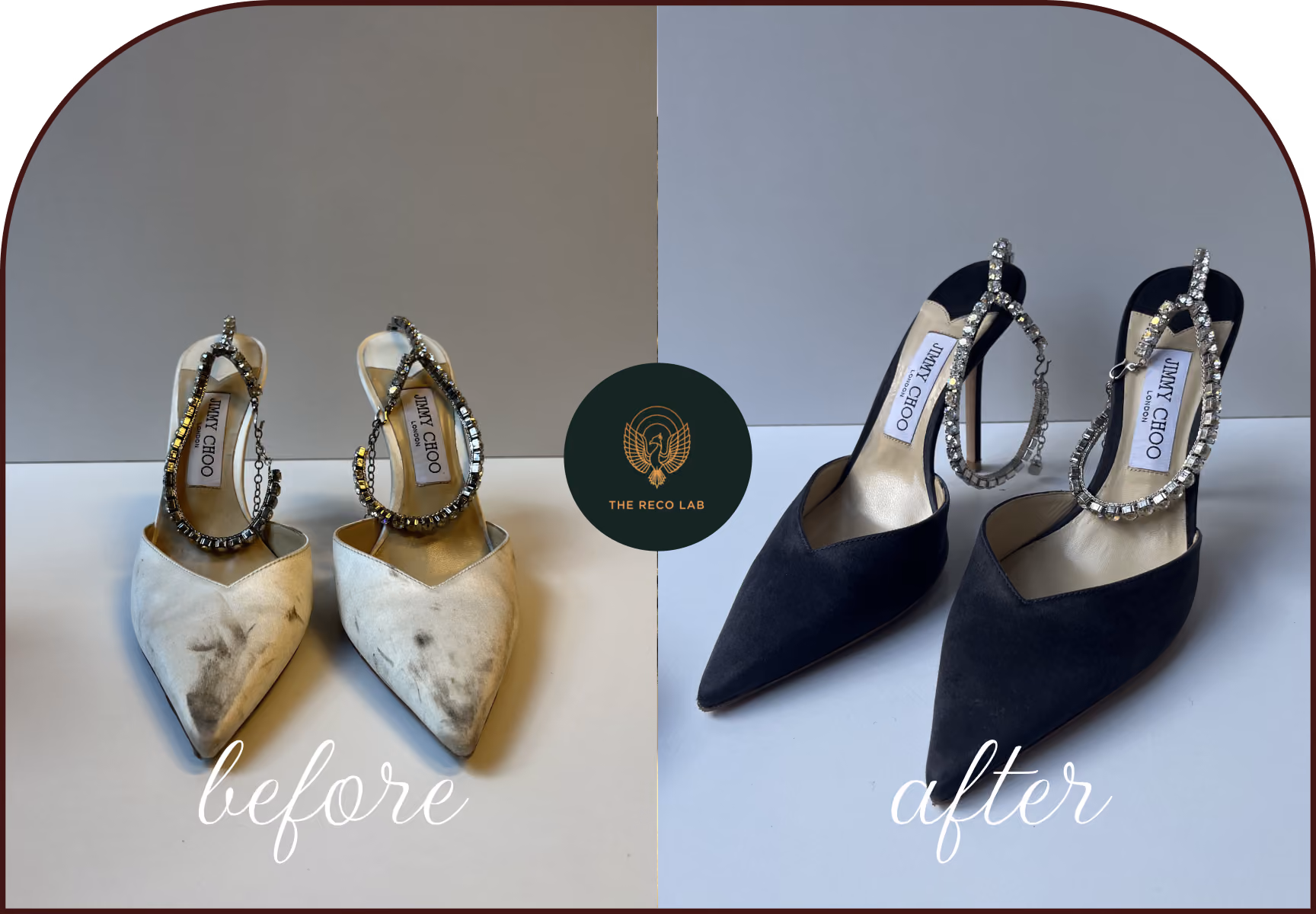 Stained ivory Jimmy Choo satin heels with crystal straps, before and after colour restoration to black by The Reco Lab
