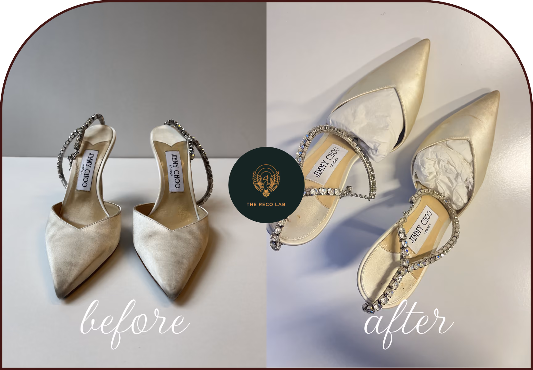 Ivory Jimmy Choo satin heels with crystal straps, before and after cleaning and restoration by The Reco Lab