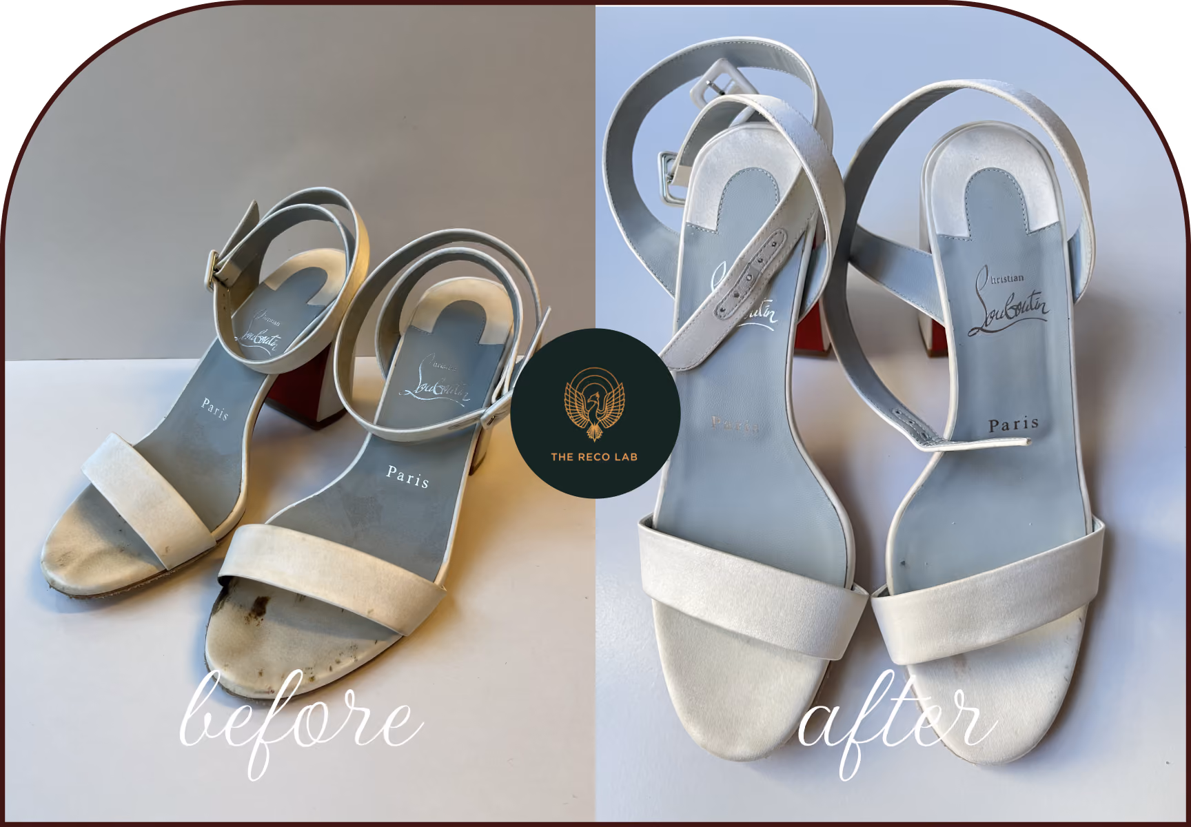 White Christian Louboutin sandals with scuffed soles, before and after bridal shoe cleaning and restoration by The Reco Lab