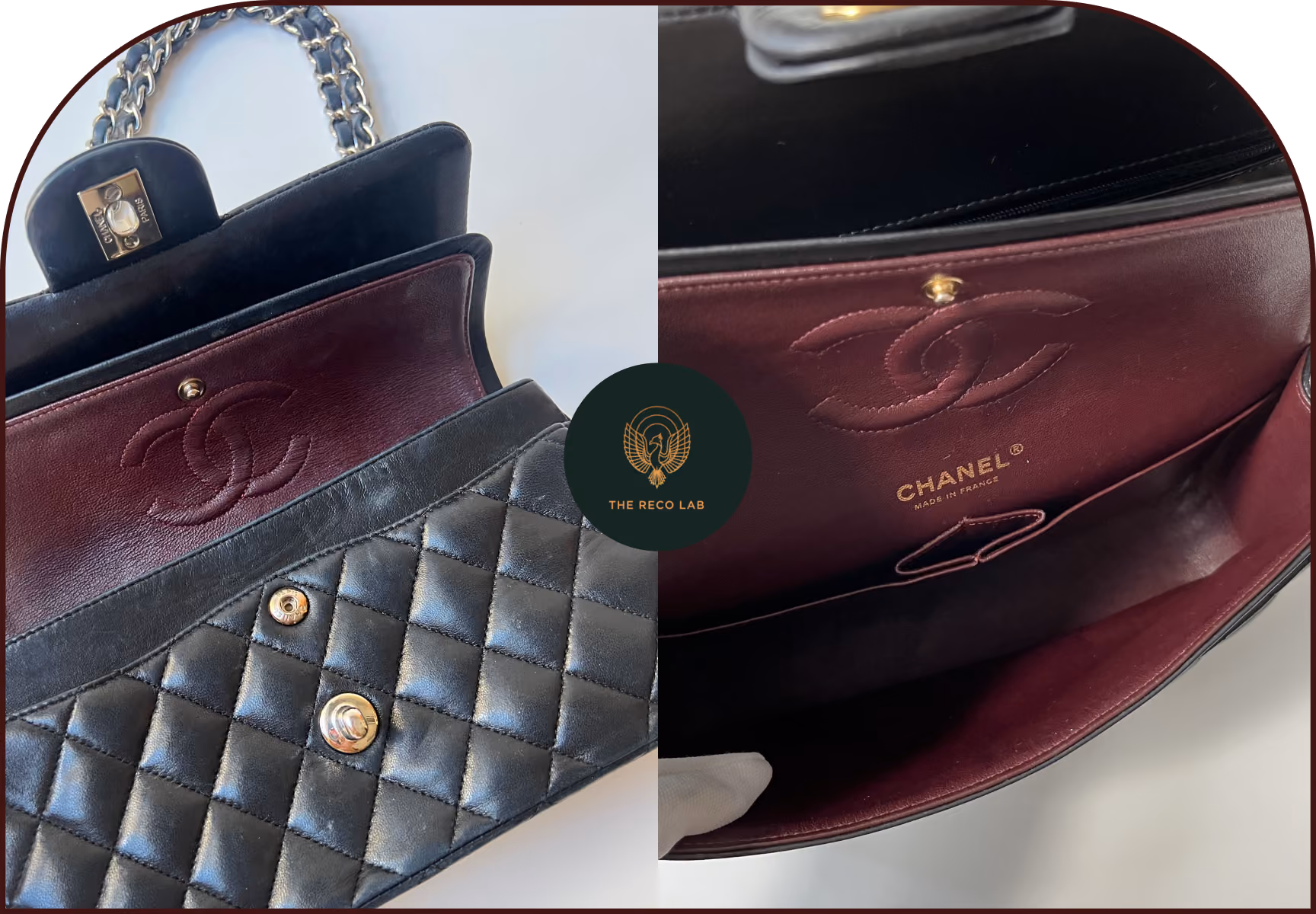 Interior of a black Chanel flap bag showing the burgundy lining and CC logo, restored and stored by The Reco Lab