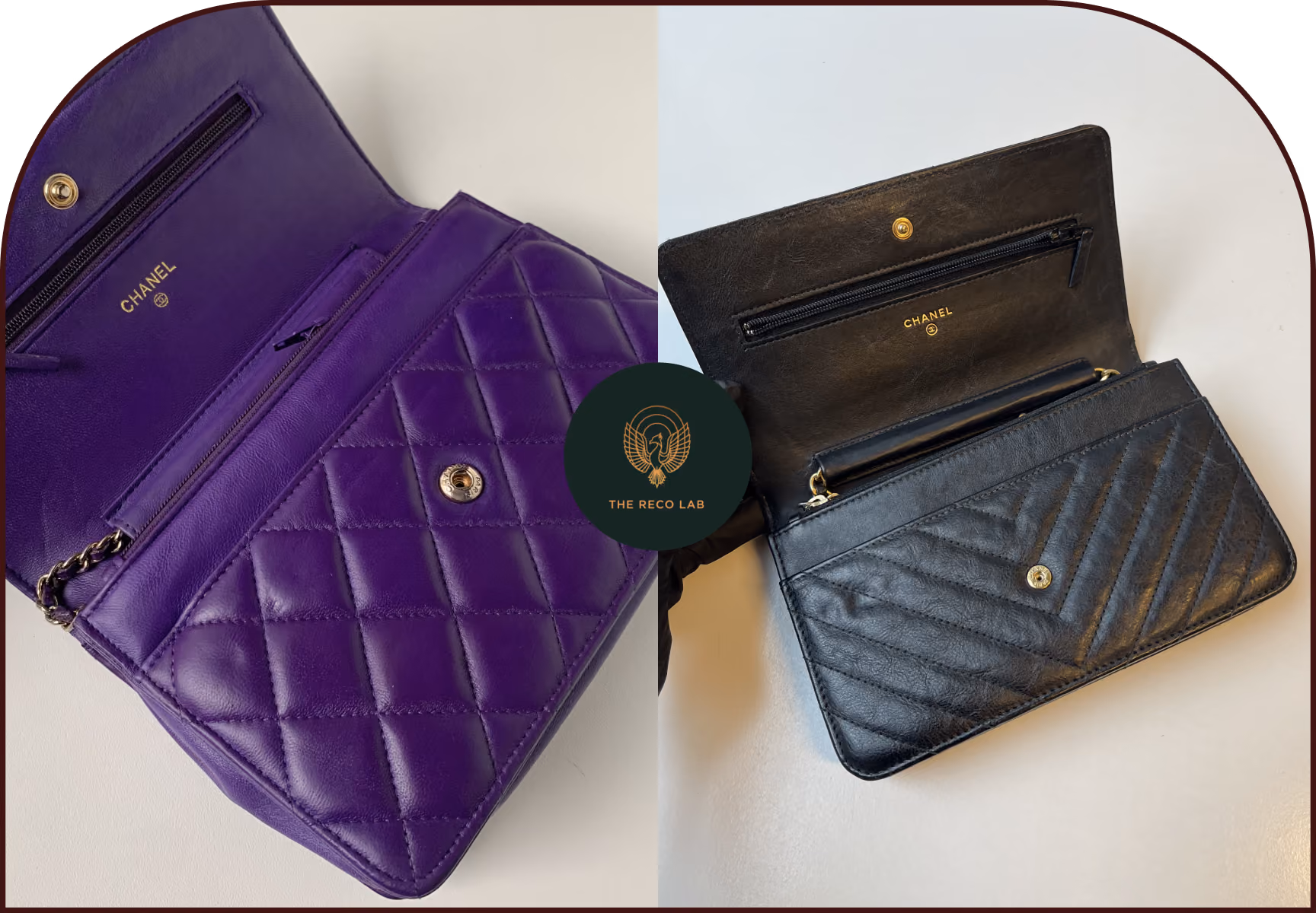 Interior of a purple Chanel wallet on chain next to a black chevron-quilted Chanel wallet, cared for by The Reco Lab