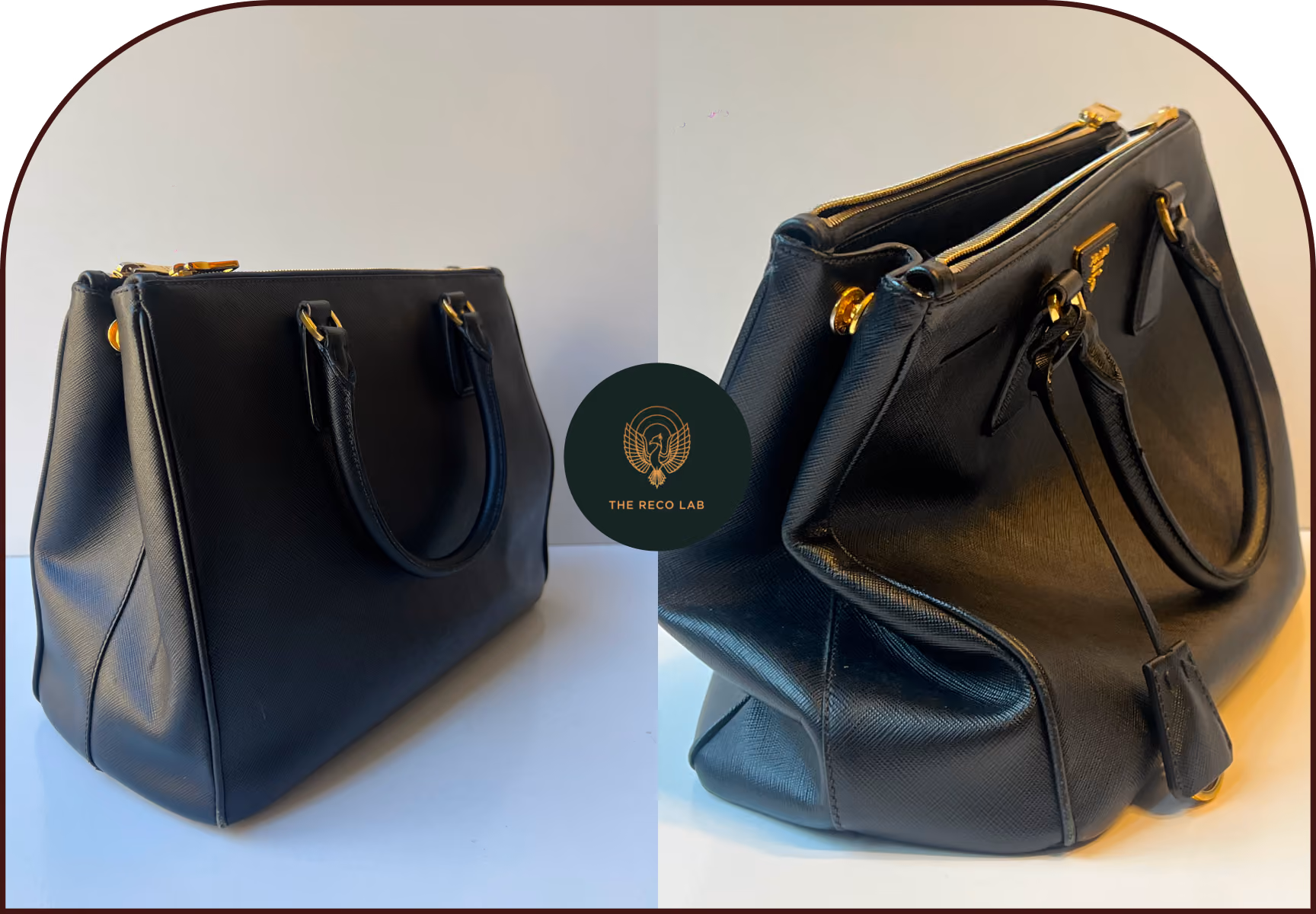 Black Prada Saffiano leather tote shown from two angles, properly maintained and shaped by The Reco Lab