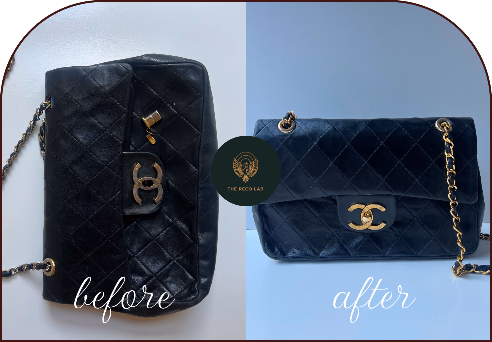 Black Chanel lambskin flap bag with a broken clasp, before and after hardware replacement by The Reco Lab