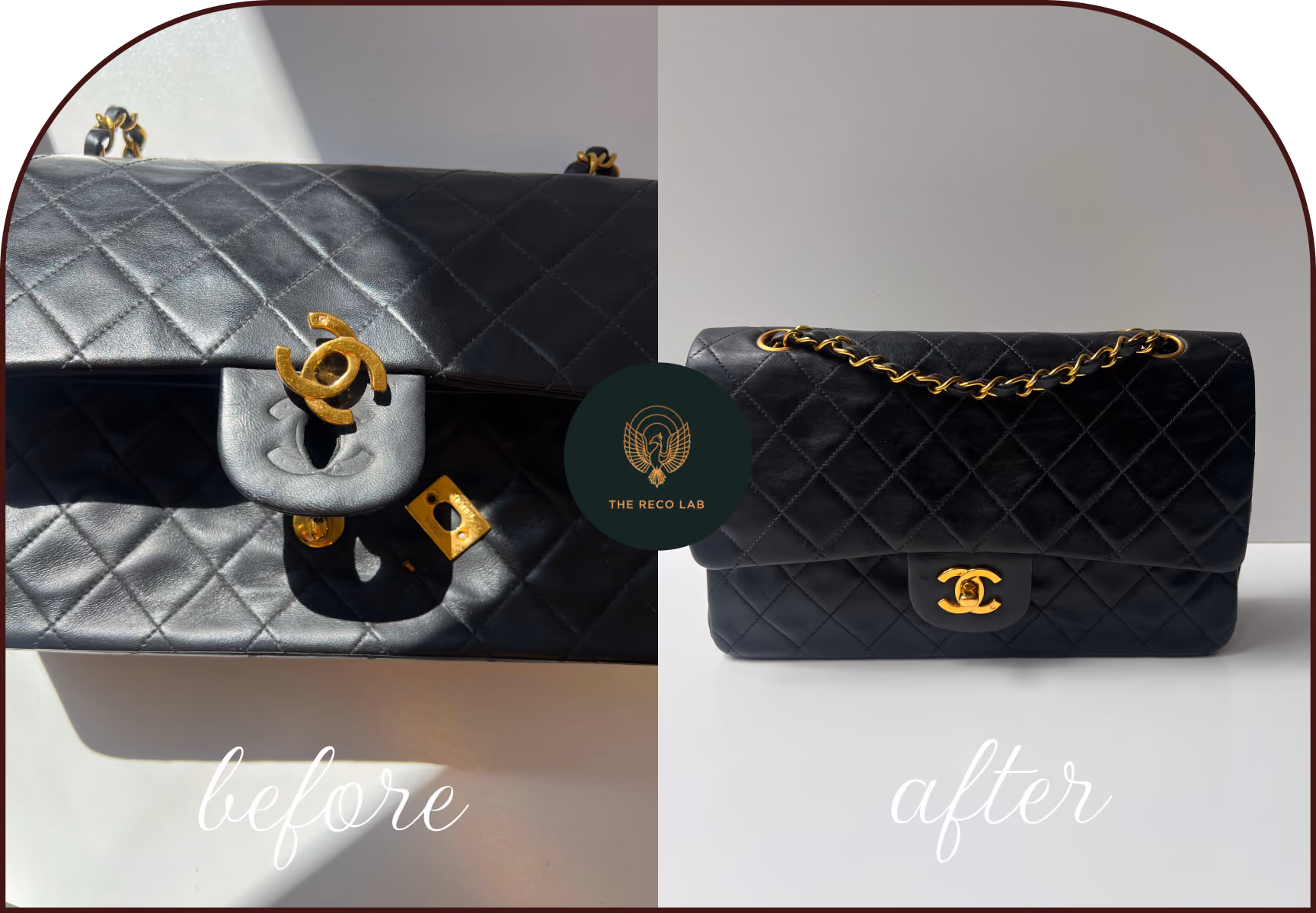 Black Chanel lambskin flap bag with dull, scratched gold hardware, before and after replating by The Reco Lab