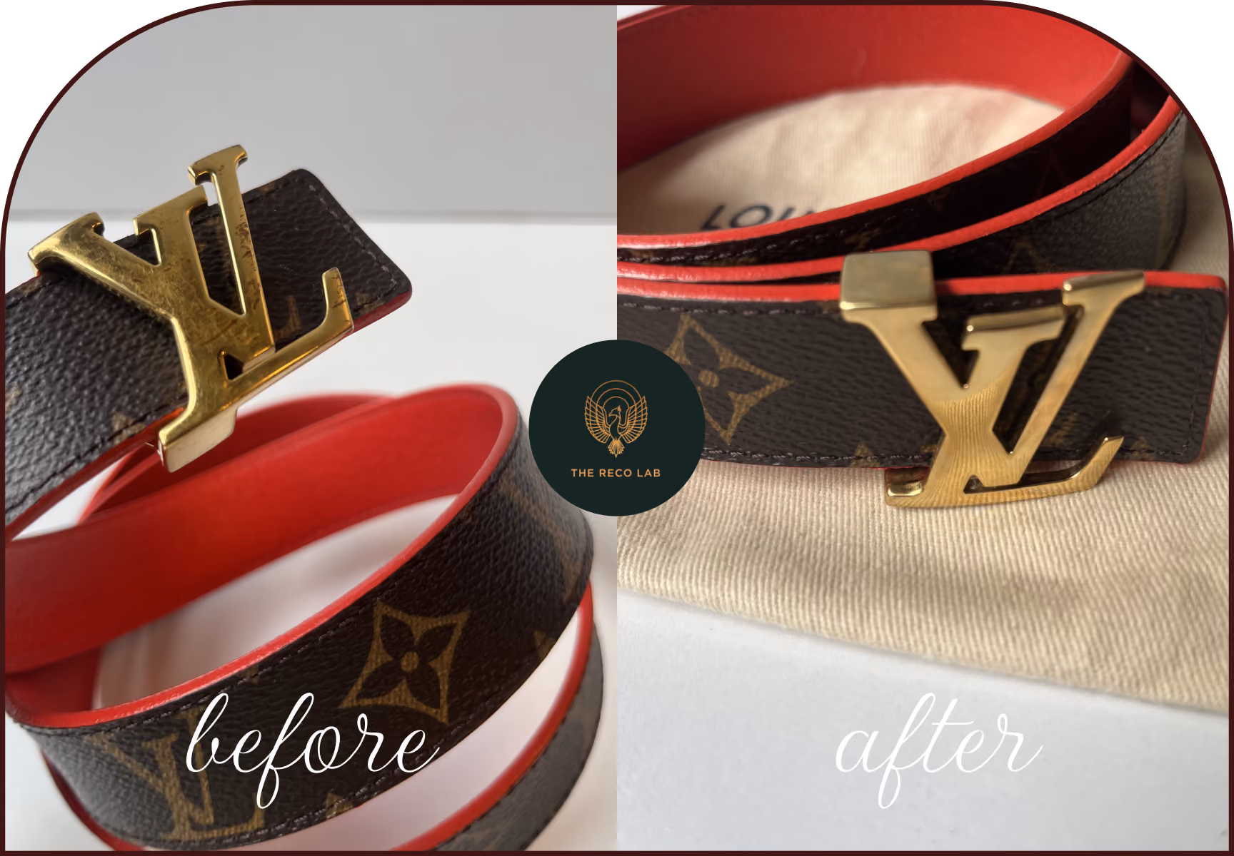 Louis Vuitton monogram belt with a scratched gold LV buckle, before and after hardware replating by The Reco Lab