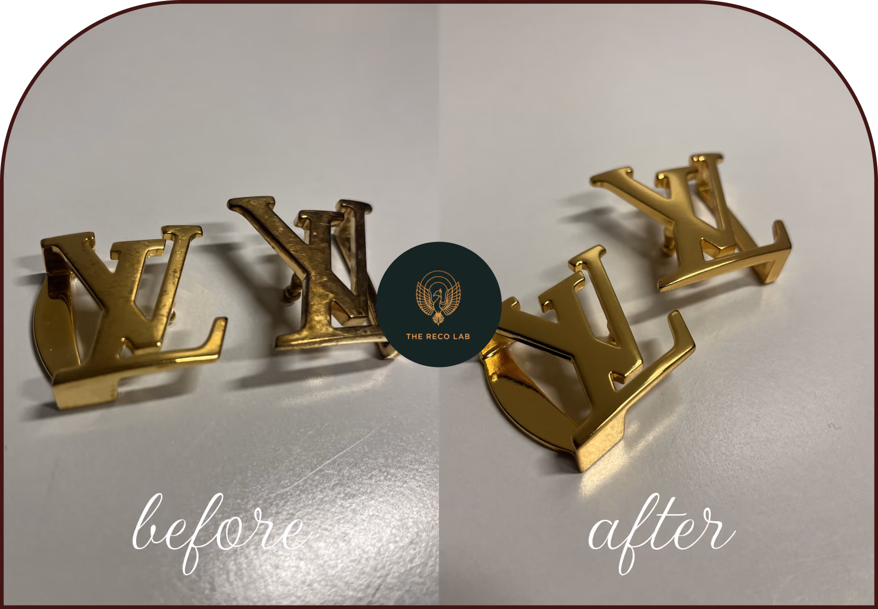 Louis Vuitton gold LV buckle hardware, dull and scratched before and after replating by The Reco Lab