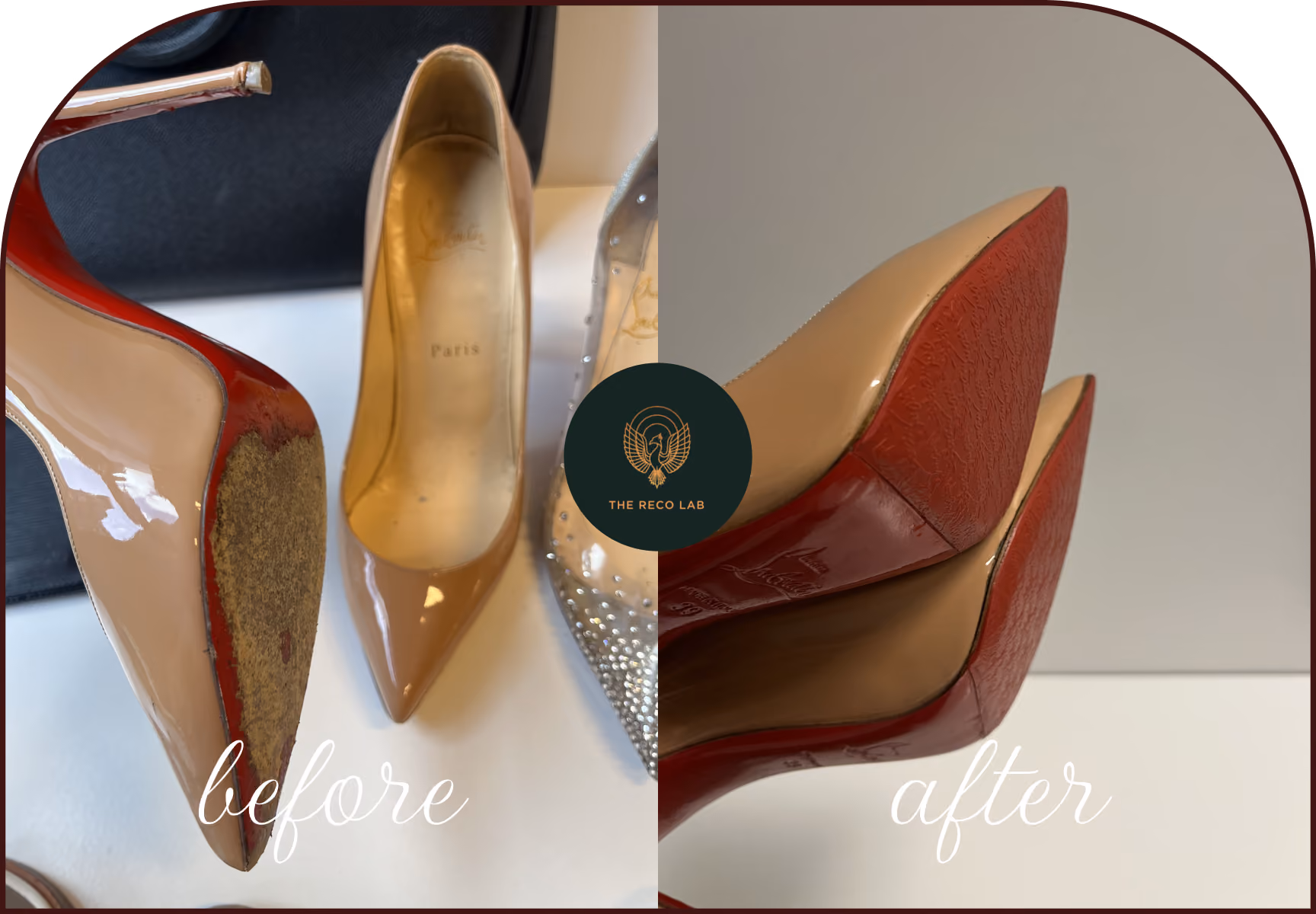 Before and after sole guard restoration on a Christian Louboutin patent pump, showing sole wear versus a renewed, protected sole