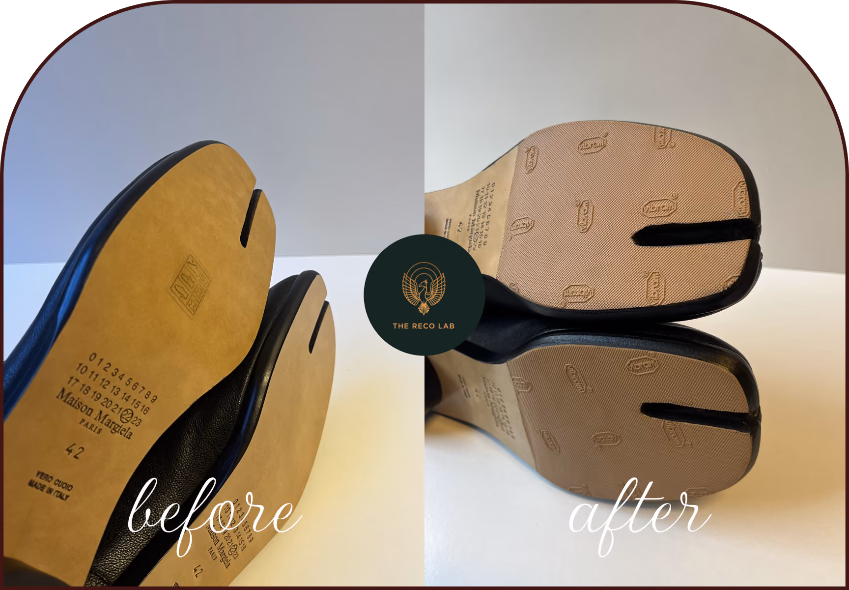 Before and after comparison of a designer shoe sole with and without sole guard protection, Maison Margiela Tabi shoes by The Reco Lab