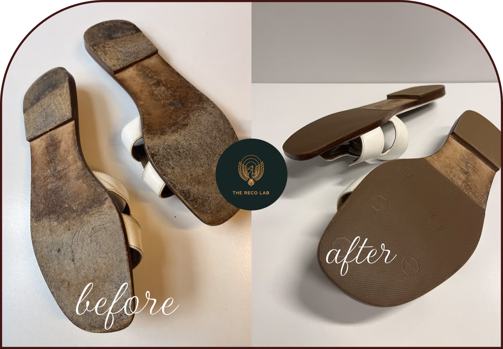 Worn unprotected sandal sole before sole guard application compared to a fully restored, protected sole