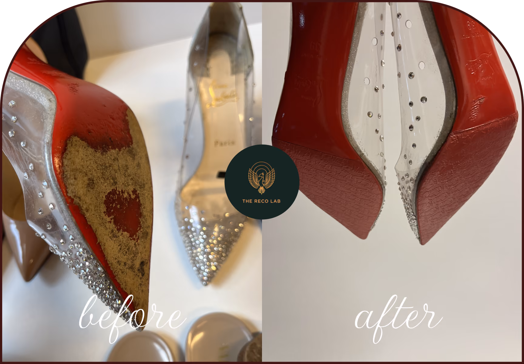 Close-up of a Christian Louboutin red sole showing heavy wear without a sole guard versus a pristine, protected sole after restoration