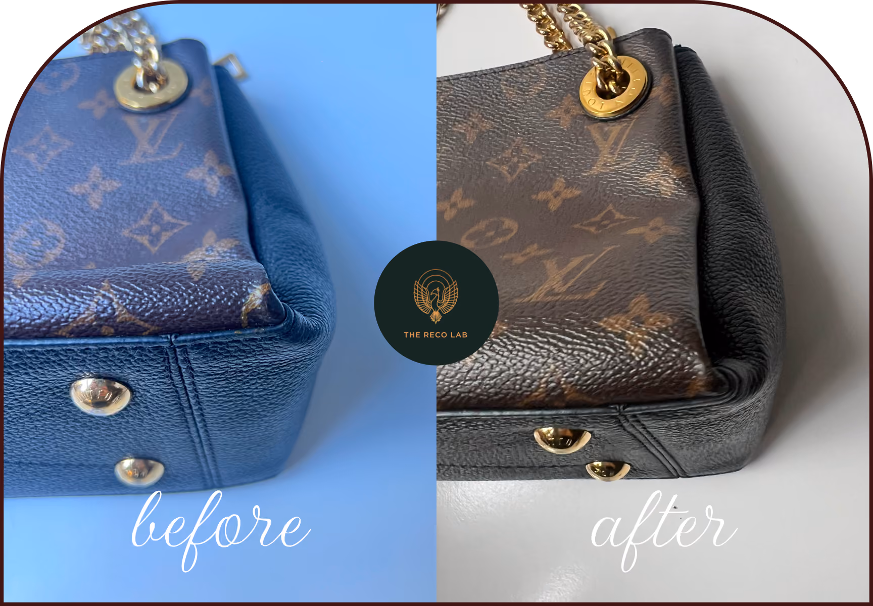 Before and after repair of cracked Louis Vuitton Monogram canvas on a bag corner, restored by The Reco Lab