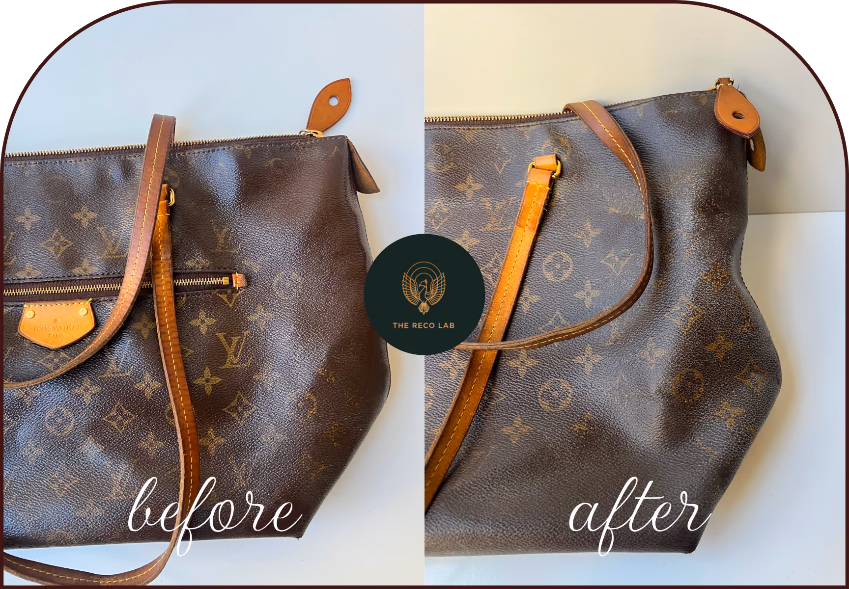 Before and after canvas crack repair on a Louis Vuitton tote bag, showing restored monogram canvas surface by The Reco Lab