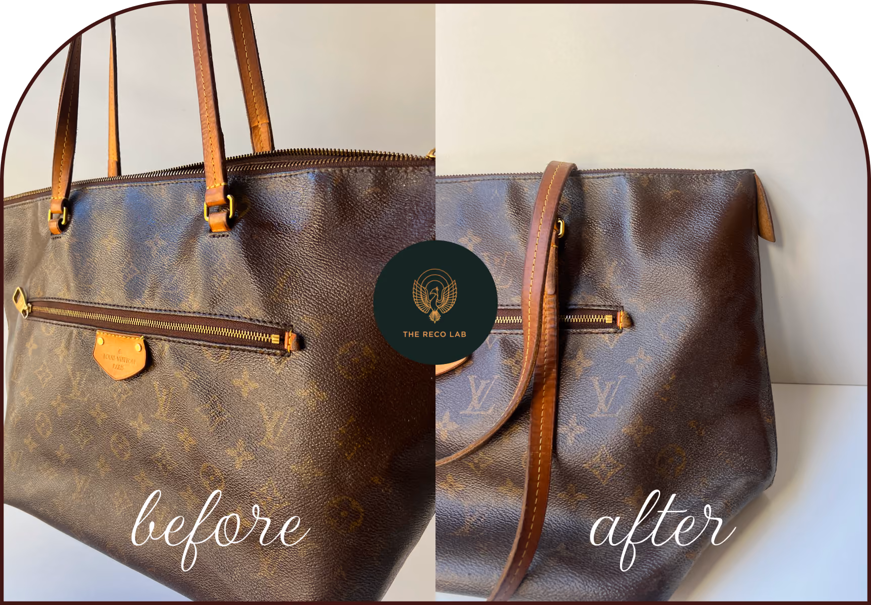 Before and after Louis Vuitton canvas restoration, cracked monogram coating repaired to a smooth, renewed finish by The Reco Lab