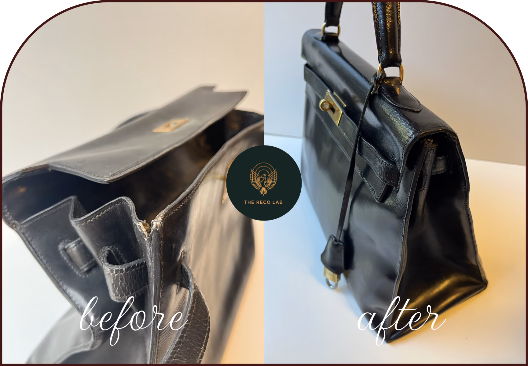 Before and after reshaping of a sagging Hermès Kelly bag, warped black leather restored to its structured silhouette by The Reco Lab