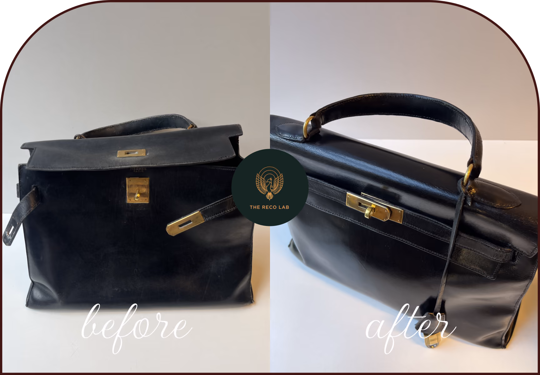 Before and after handbag reshaping of a Hermès Kelly bag, collapsed leather structure restored to a crisp, upright shape