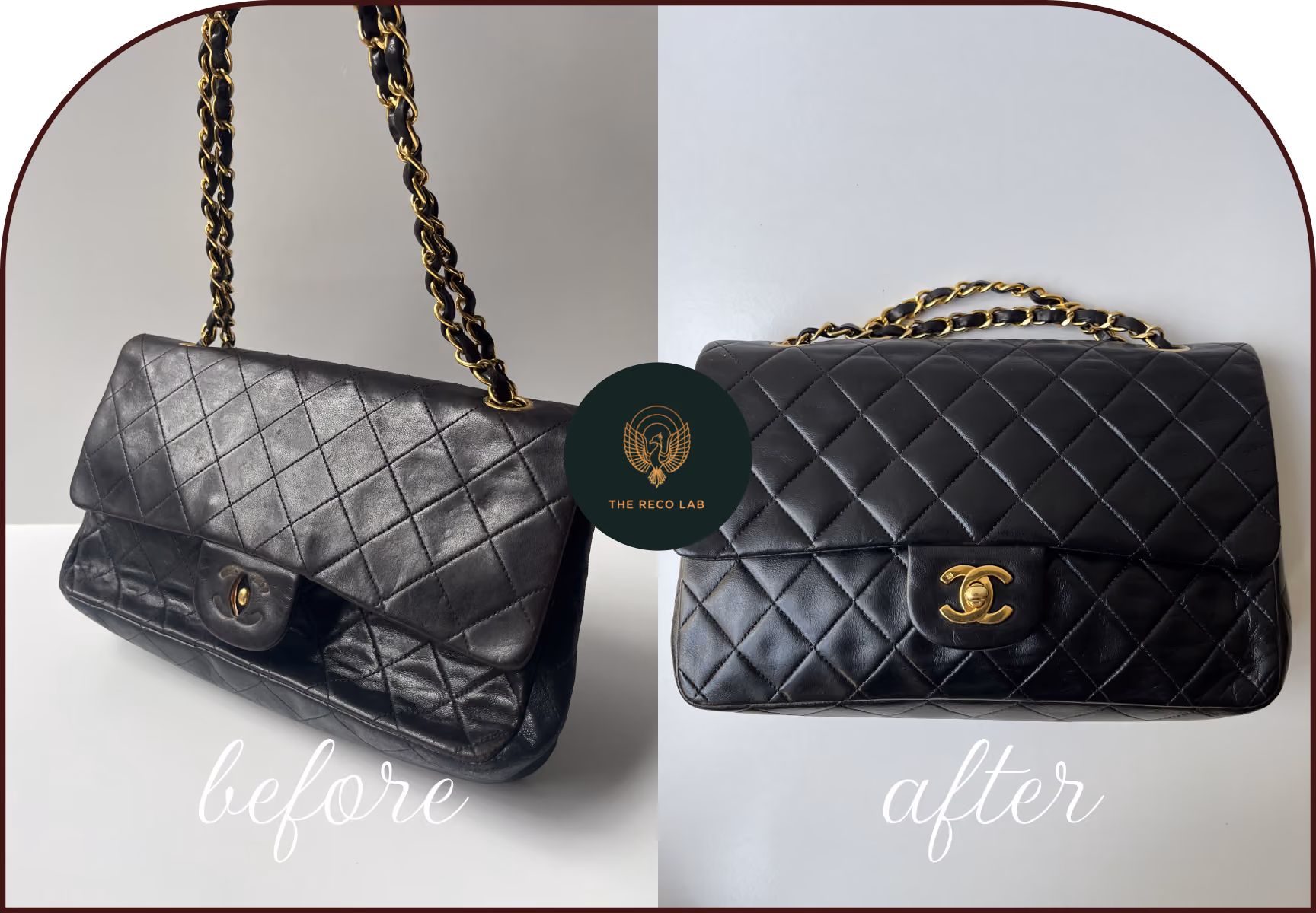Before and after reshaping of a sagging Chanel quilted flap bag, leather structure restored and quilting reshaped by The Reco Lab