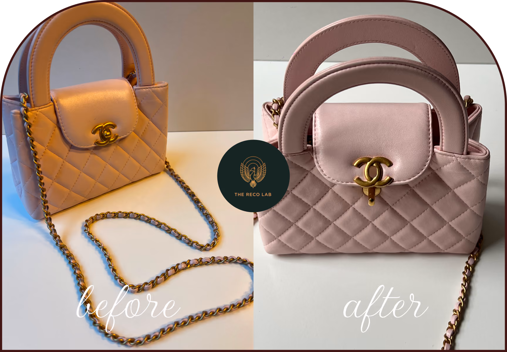 Before and after colour restoration of a pink quilted handbag, faded leather revived to boost resale value, restored by The Reco Lab