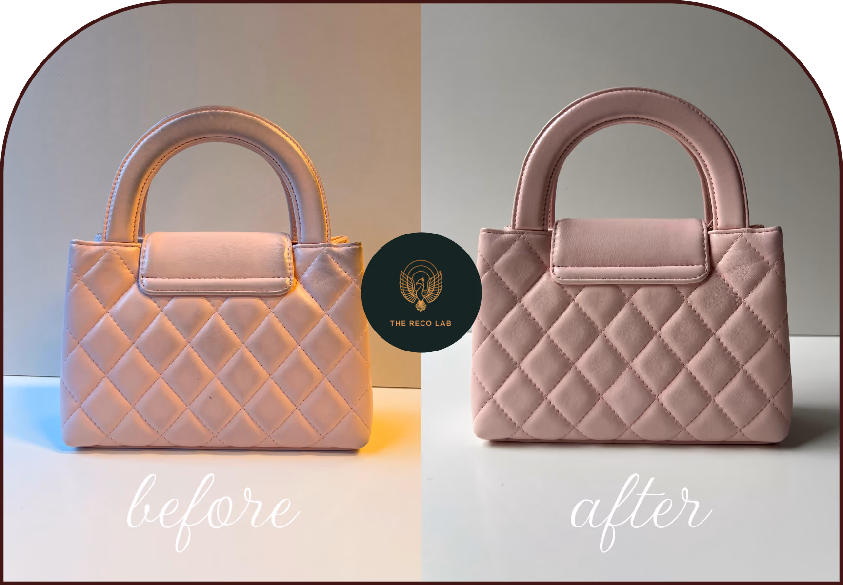 Before and after comparison of a pink leather handbag showing improved colour consistency after professional restoration