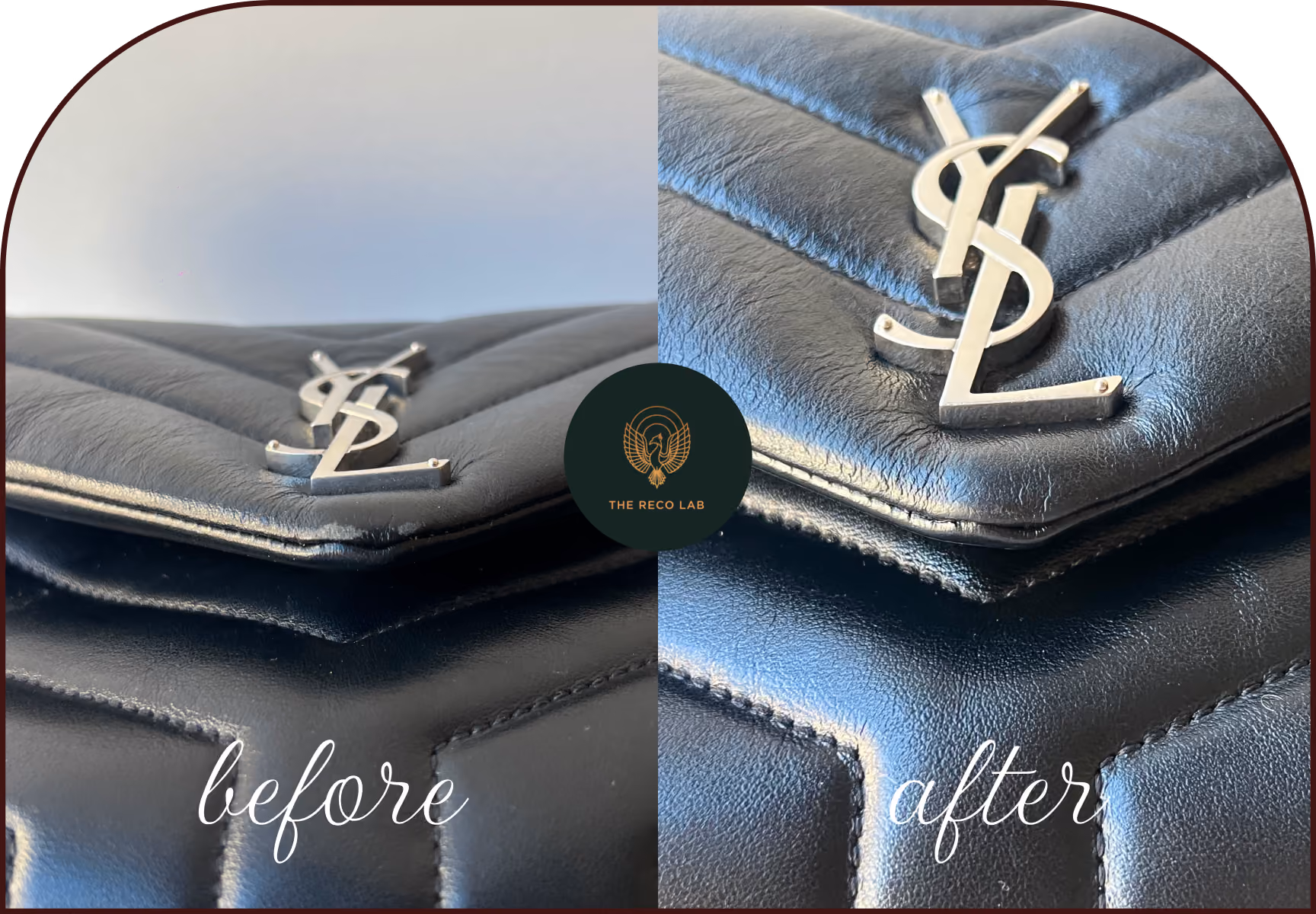 Before and after leather conditioning on a Saint Laurent quilted bag, scuffed leather corner restored to a smooth, glossy finish