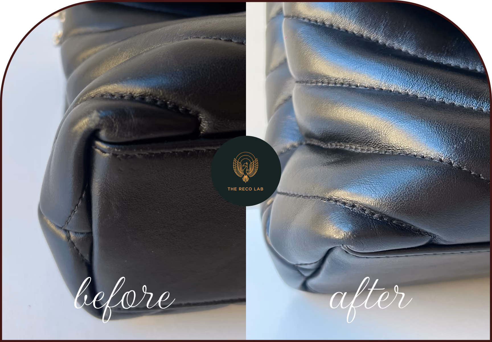 Before and after leather restoration of a black quilted handbag corner, worn creased leather refreshed to a smooth finish by The Reco Lab