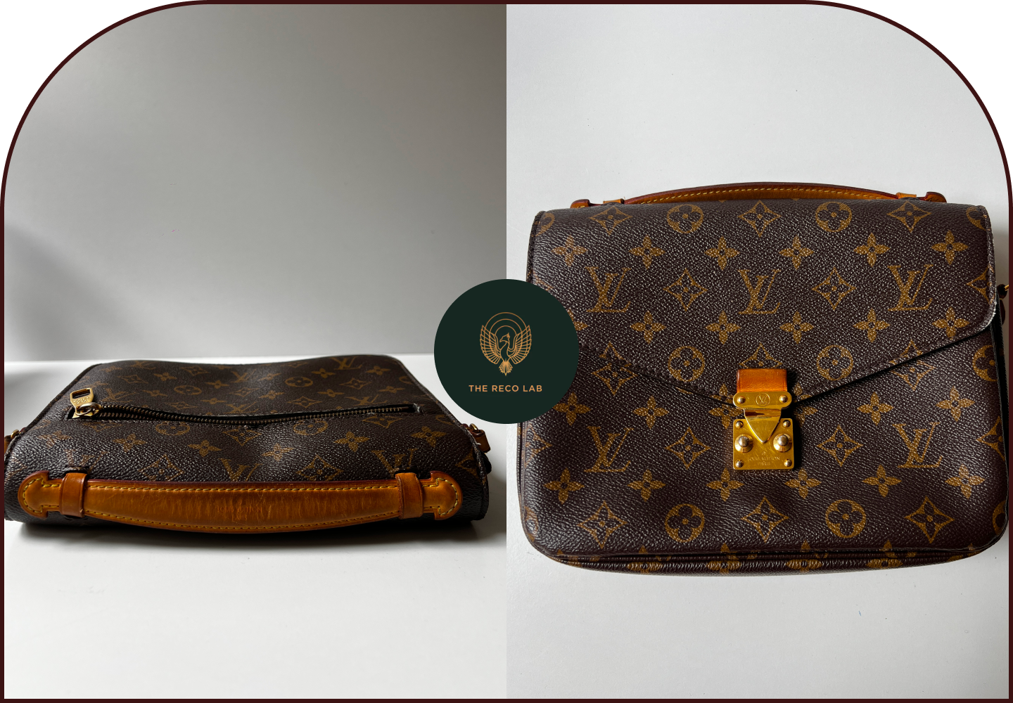 Louis Vuitton Pochette Métis monogram canvas bag with tan leather trim and gold S-lock, shown before restoration and after by The Reco Lab.