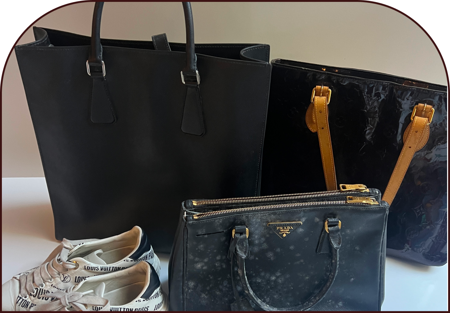 Prada Saffiano leather tote, Louis Vuitton vernis tote, Prada Saffiano handbag covered in mould, and Louis Vuitton sneakers before cleaning and mould treatment.