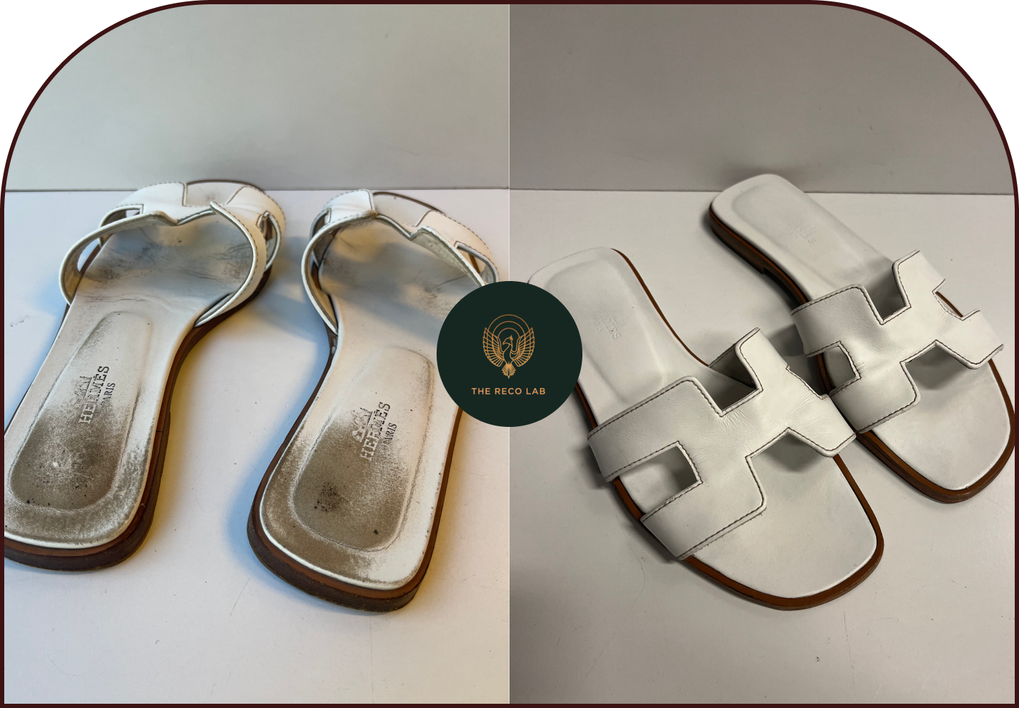 White leather Hermès Oran sandals with worn footbeds before cleaning and refreshed white leather sandals after restoration by The Reco Lab.