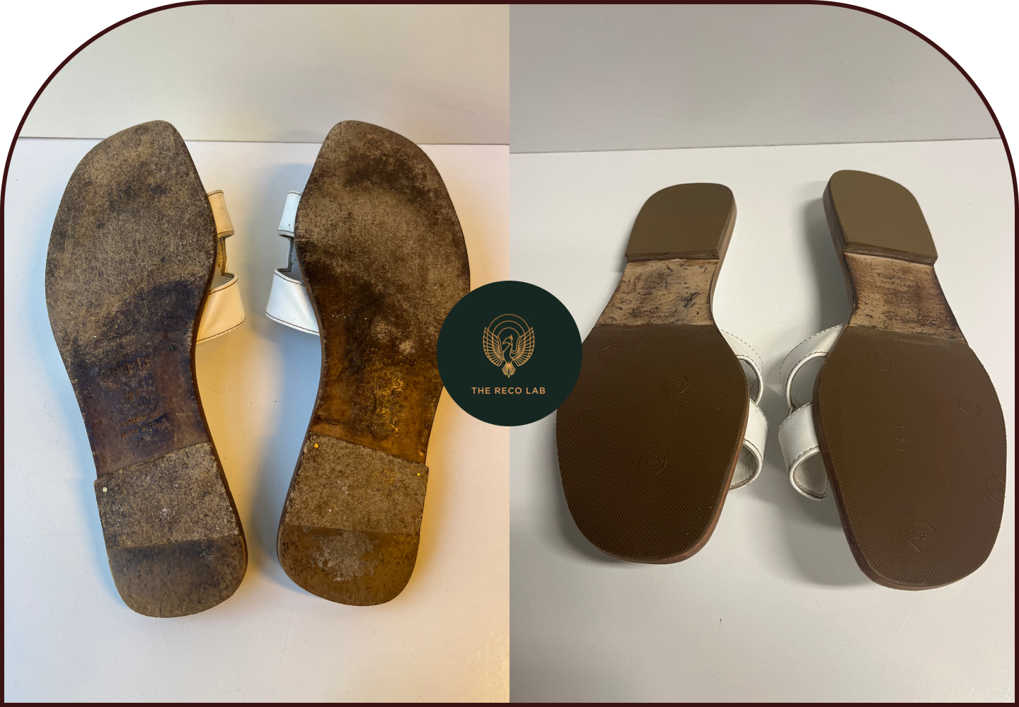 Underside of white Hermès leather sandals showing worn soles before and cleaned soles after restoration by The Reco Lab.