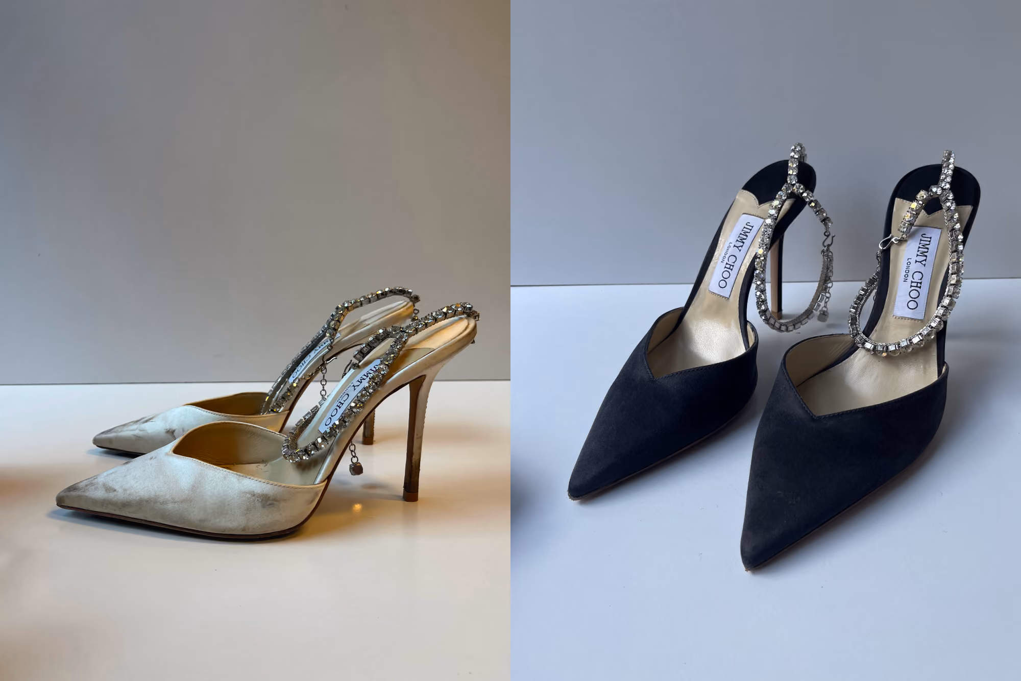 Jimmy Choo crystal ankle-strap heels shown in worn silver satin before and after colour change to black satin.