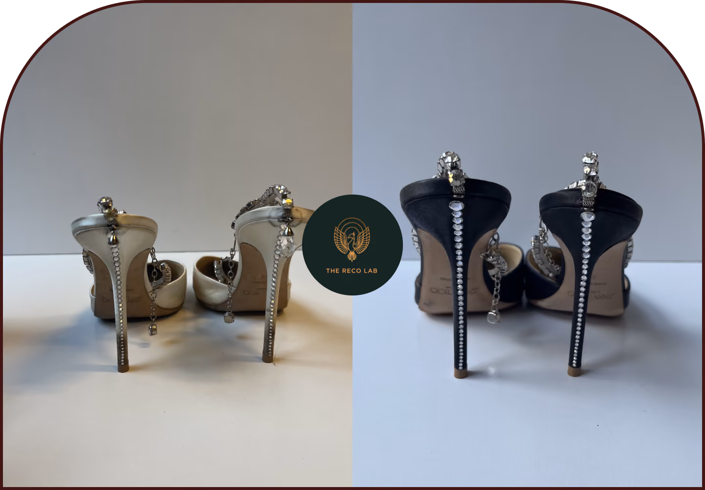 Rear view of Jimmy Choo crystal-embellished heels before, in stained white satin, and after colour change to black suede.