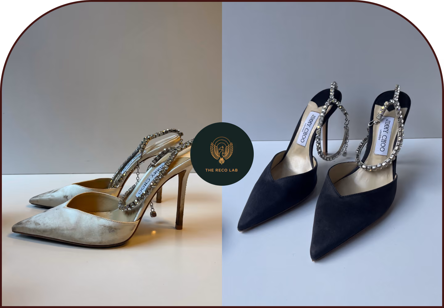 Jimmy Choo crystal ankle-strap heels shown before, in stained silver satin, and after colour change to black suede.