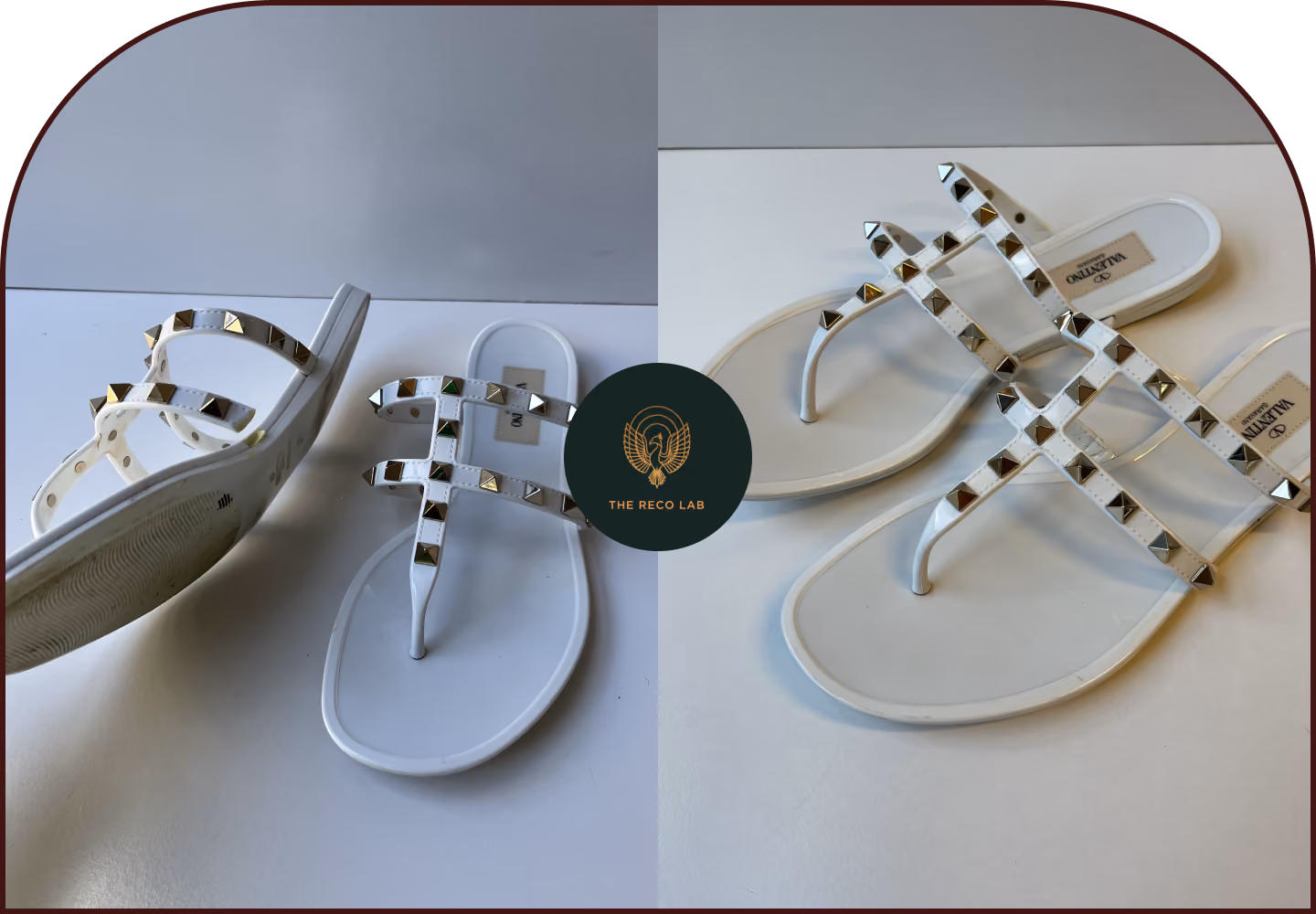 White Valentino Rockstud jelly thong sandals shown before and after cleaning by The Reco Lab.