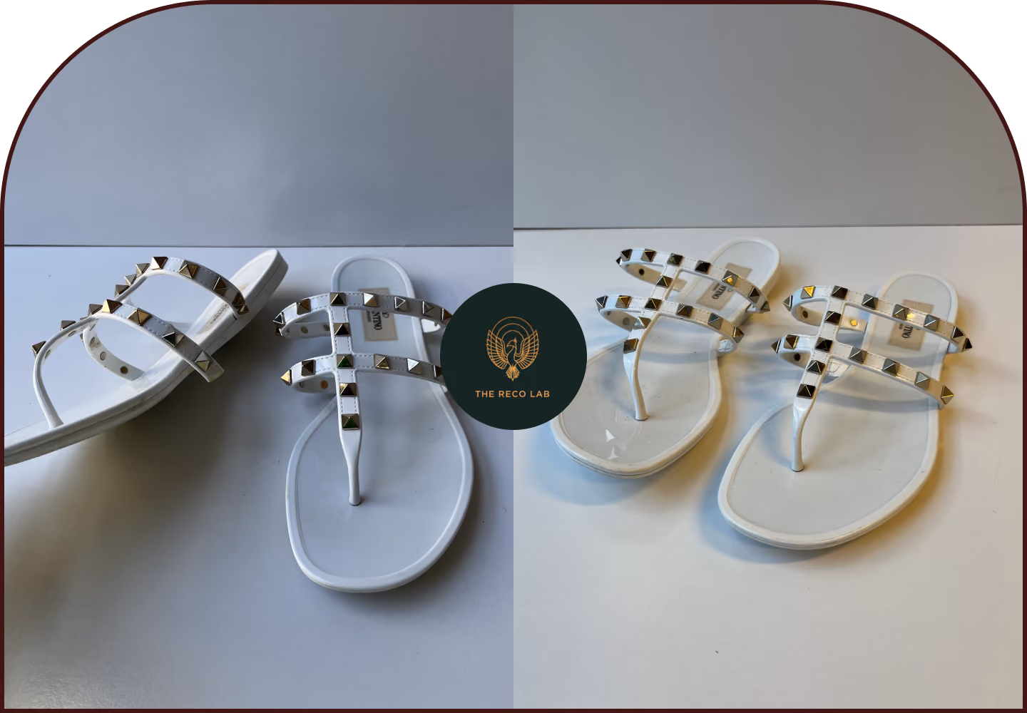 White Valentino Rockstud jelly thong sandals shown before and after cleaning by The Reco Lab.