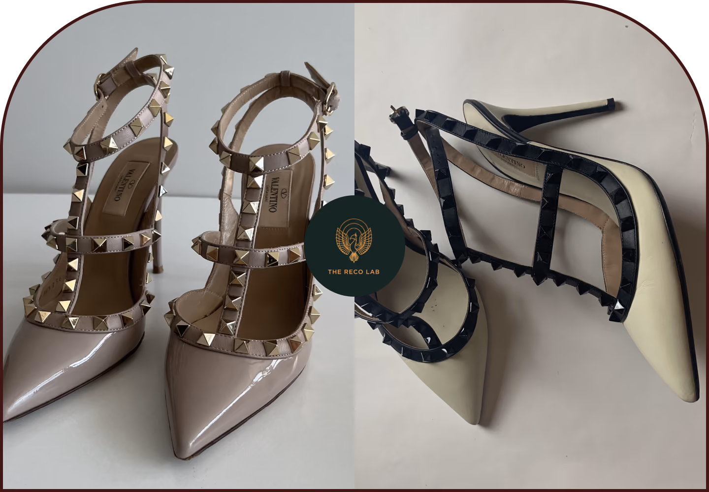Nude patent Valentino Rockstud heels shown before, and with straps changed to black studded straps after restoration by The Reco Lab.