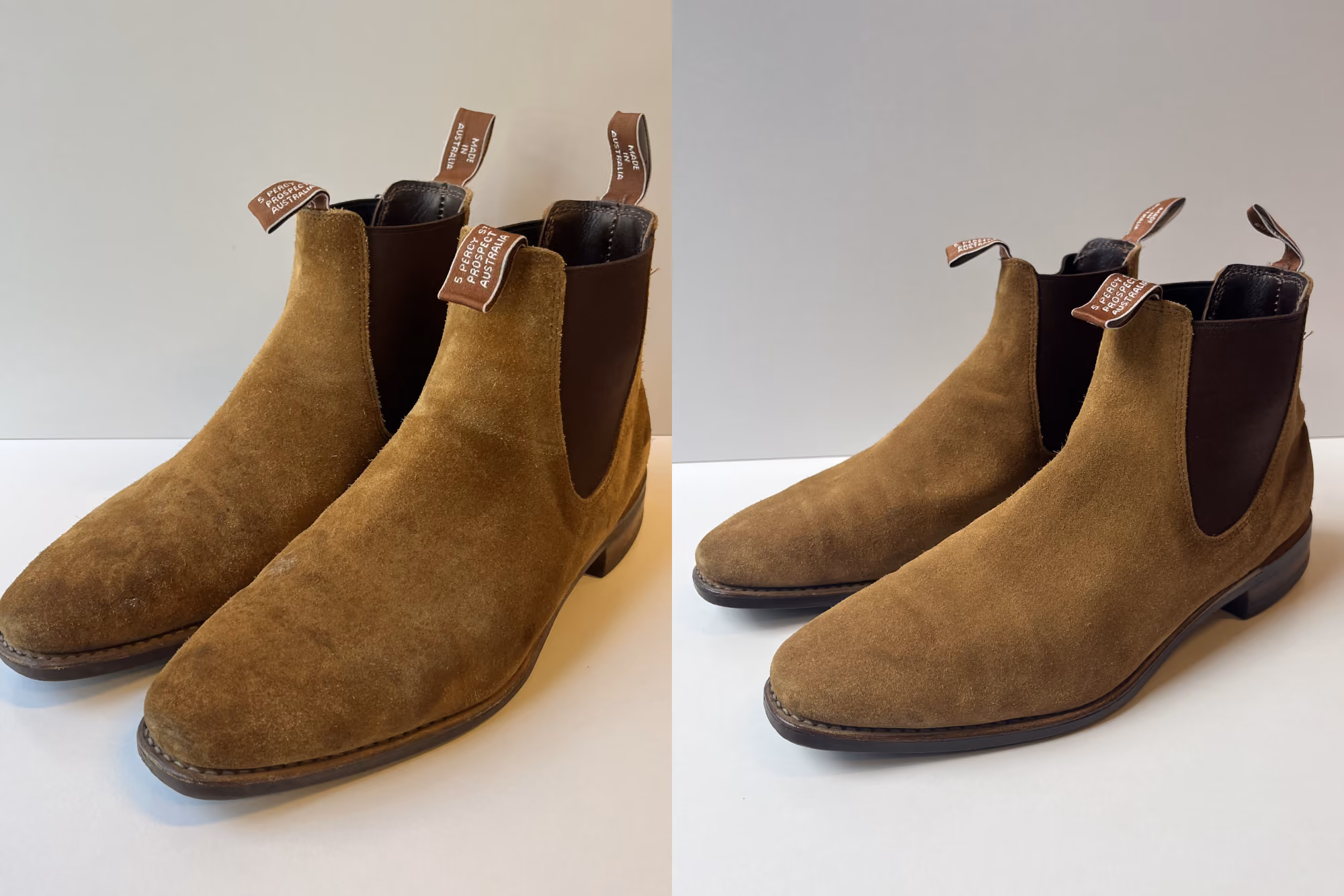 Tan suede R.M.Williams Chelsea boots shown scuffed before and refreshed after cleaning by The Reco Lab.