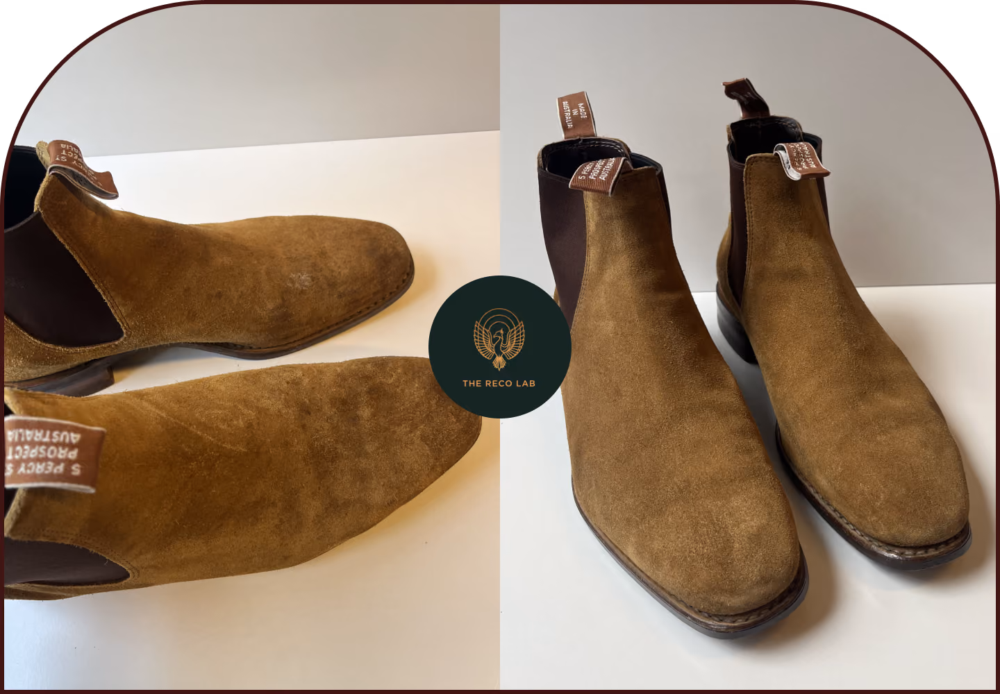 Tan suede R.M.Williams Chelsea boots shown scuffed before and refreshed after cleaning by The Reco Lab.