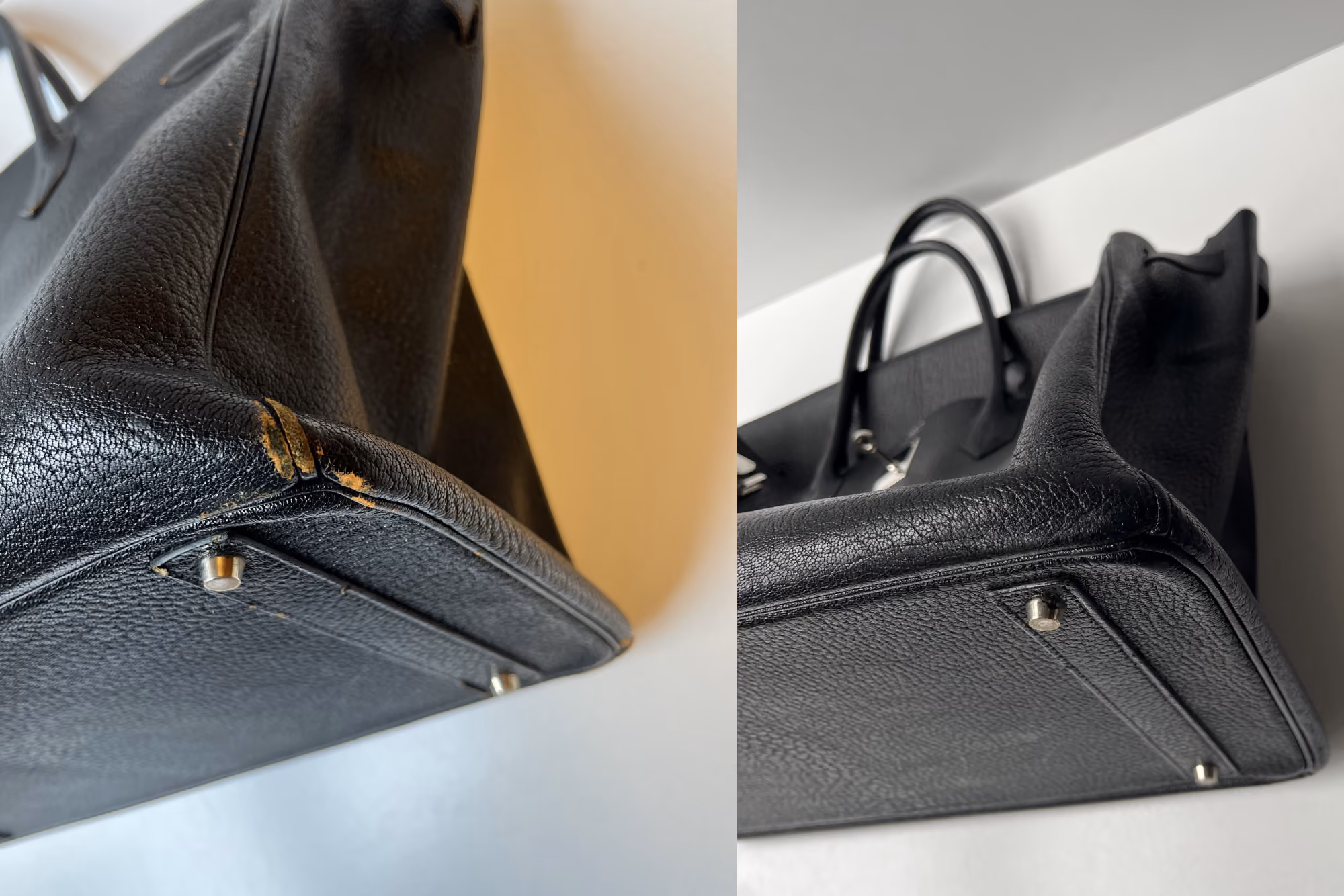 Close-up of a black leather Hermès Birkin bag corner with worn edge before, and seamlessly repaired after by The Reco Lab.