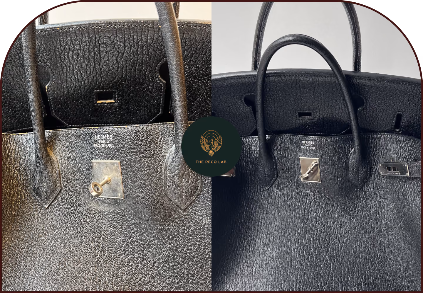 Close-up of a black leather Hermès Birkin bag with lock and key hardware, shown before and after colour and hardware restoration by The Reco Lab.