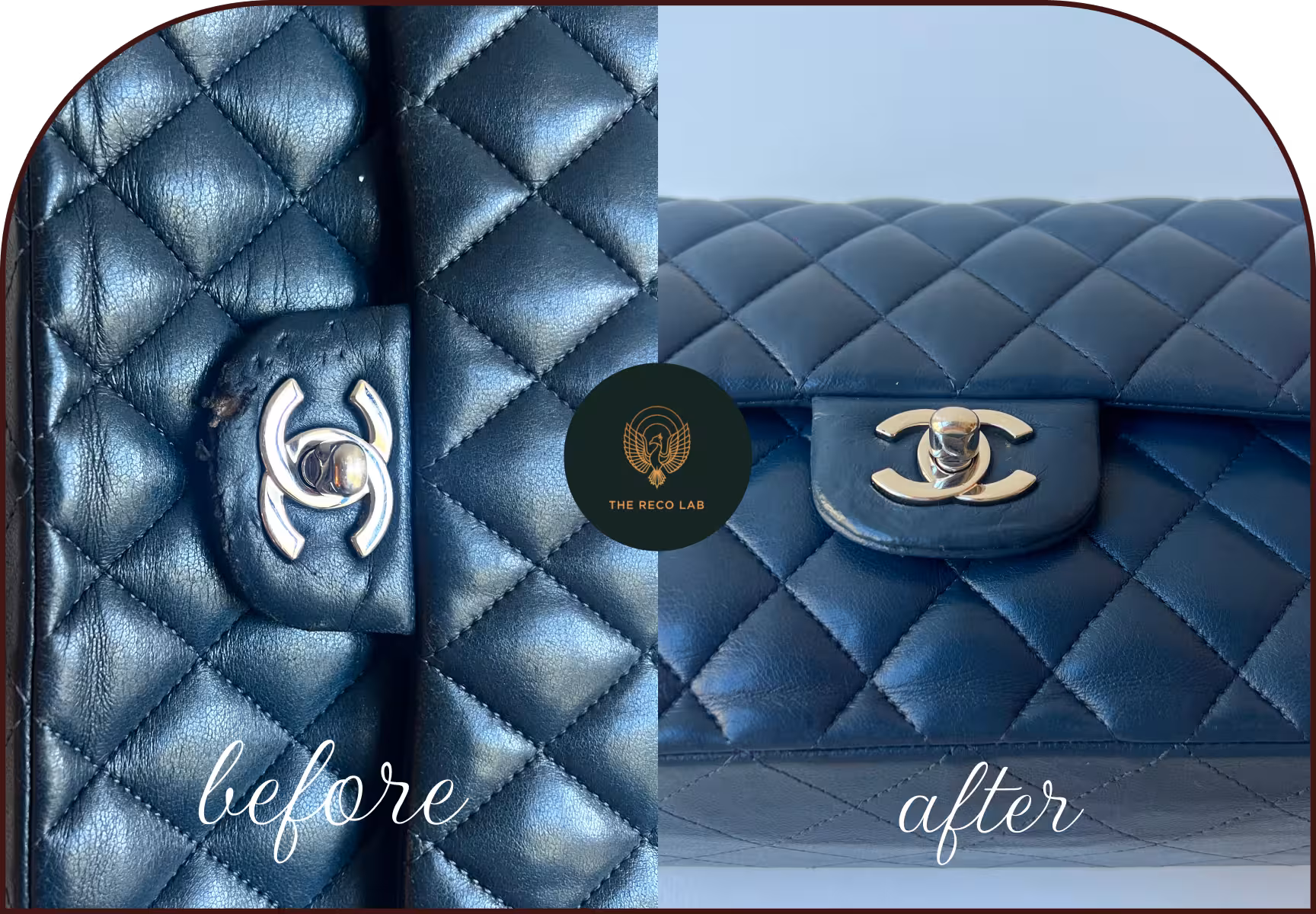 Close-up of Chanel navy lambskin flap and CC clasp, before and after leather restoration by The Reco Lab