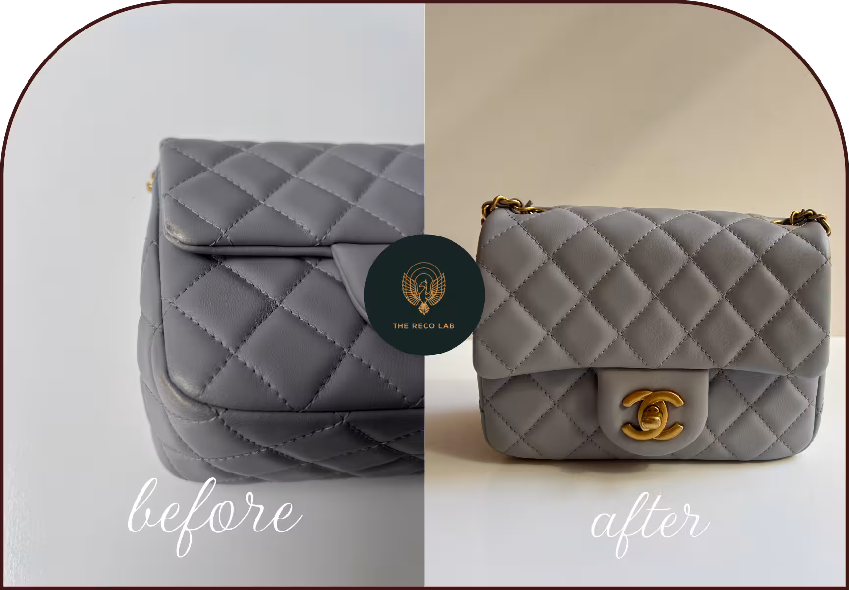 Grey Chanel lambskin mini flap bag, before and after colour and leather restoration by The Reco Lab