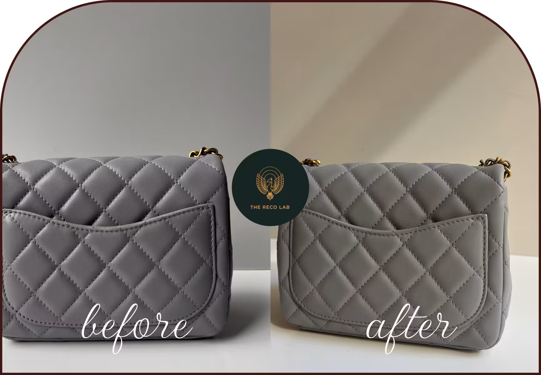 Back pocket of a grey Chanel lambskin flap bag, before and after leather restoration by The Reco Lab
